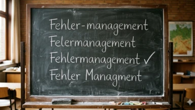 Das KI-generierte Bild zeigt eine Tafel, auf der das Wort "Fehlermanagement" viermal steht, allerdings dreimal mit Rechtschreibfehlern. Es nimmt Bezug auf die Situation der Erika-Mann-Grundschule.